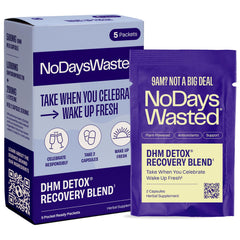 No Days Wasted DHM Detox 5 packaging shown, easy evening supplement for next-day freshness.