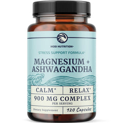 Nobi Nutrition Magnesium Ashwagandha bottle on desk for calm daily routine.