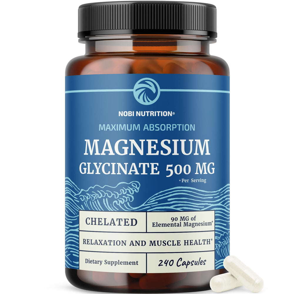 Nobi Magnesium Glycinate bottle shows high-absorption formula for daily support.