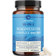 Nobi Nutrition 10in1 magnesium bottle showing comprehensive mineral support for bones and muscles