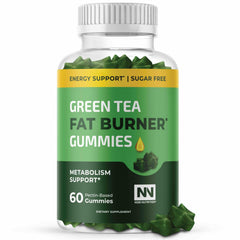 Nobi Nutrition Green Tea Fat Burner Gummies bottle on table, convenient daily energy and metabolism support.