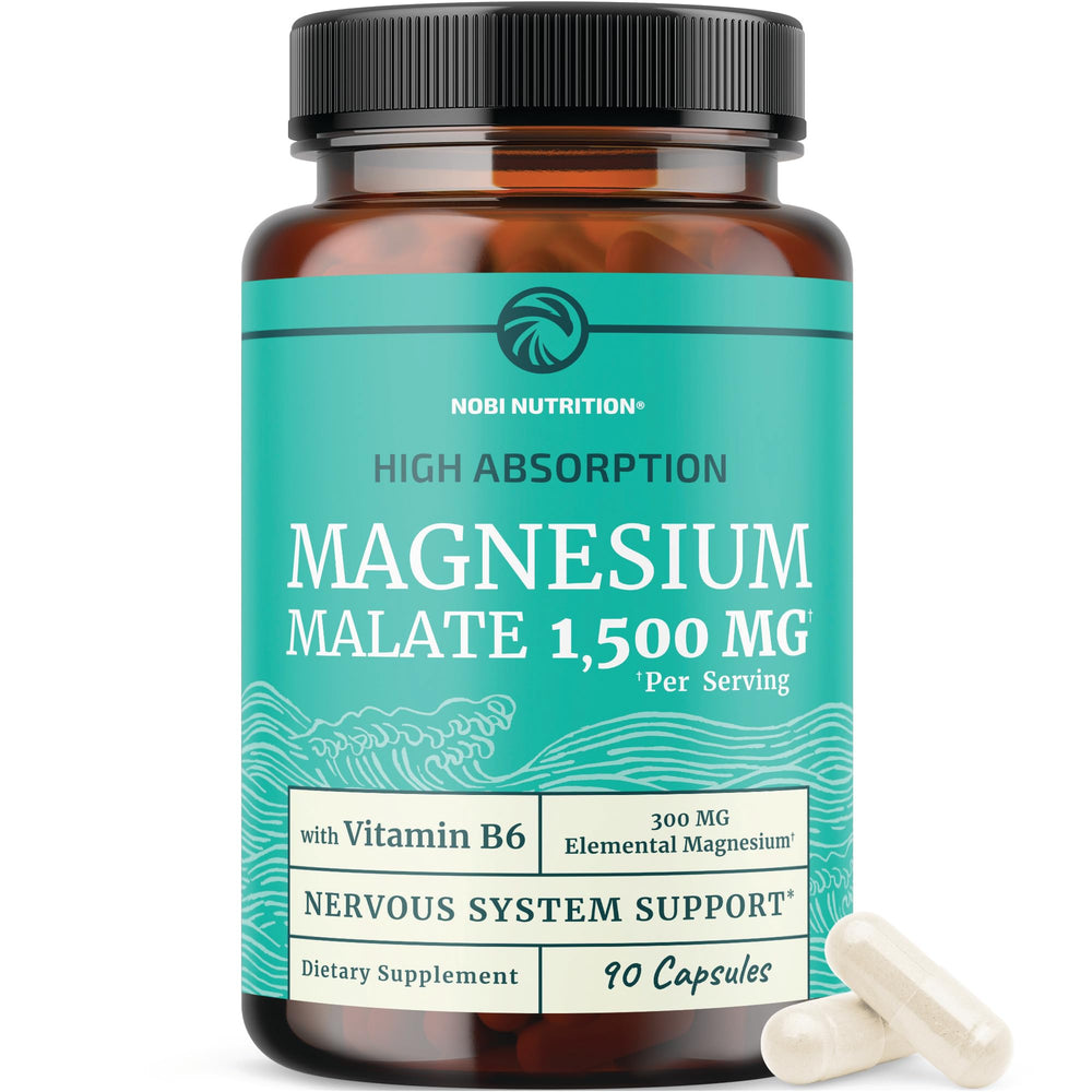 Nobi Nutrition Magnesium Malate 1500mg bottle showing high-absorption formula for daily energy