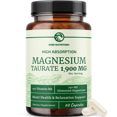 Nobi Nutrition Magnesium Taurate bottle highlights high-absorption formula for daily calm.