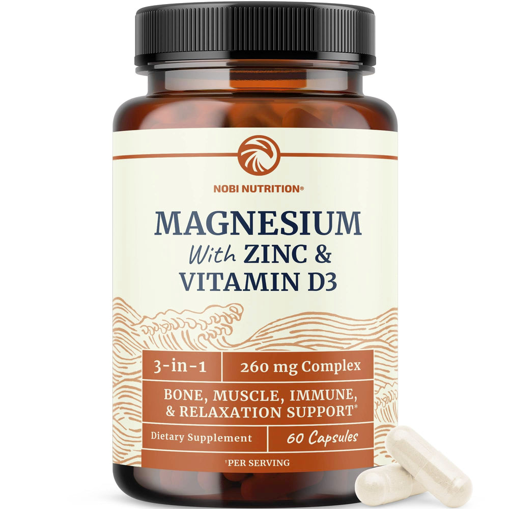 Nobi Nutrition Magnesium Zinc D3 capsule close-up for balanced daily wellness.