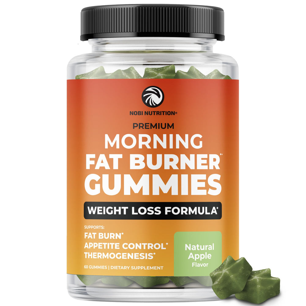 Nobi Nutrition Morning Fat Burner Gummies bottle on countertop supporting daytime metabolism