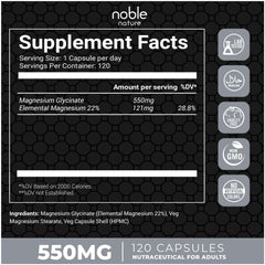 Noble Nature Magnesium Glycinate capsules close-up showing vegetarian, easy-swallow format.
