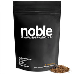 Noble Origins chocolate protein powder bottle shows rich flavor and 21g protein per serving.