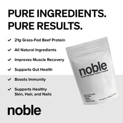 Noble Origins grass-fed beef protein canister showing smooth vanilla mixability