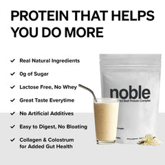 Noble Origins ingredients close-up with collagen, colostrum, and organ blend
