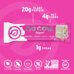 No Cow Birthday Cake bar close-up ingredients highlight plant-based protein and fiber.