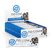 No Cow blueberry cobbler bar pack highlights a protein-rich vegan snack.