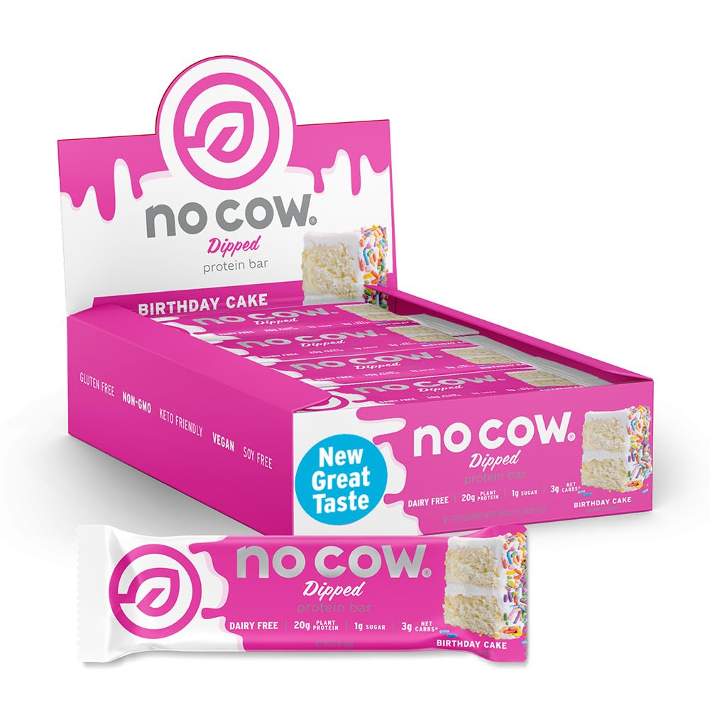 No Cow upgraded birthday cake bar pack on shelf provides steady energy with 20g plant protein.