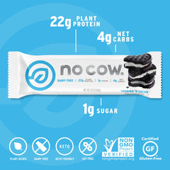 No Cow vegan bar ingredients layout highlighting plant-based gluten-free non-GMO components