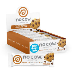 No Cow Upgraded Peanut Butter Chocolate Chip bar front view, protein-rich snack for workouts.