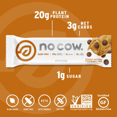 No Cow vegan protein bar ingredients closeup, highlights plant-based protein and clean ingredients.