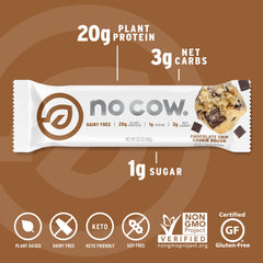 No Cow vegan protein bars ingredients closeup reveals plant-based protein and gluten-free recipe.