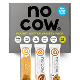 No Cow vegan protein bars box display featuring the upgraded peanut butter pack.