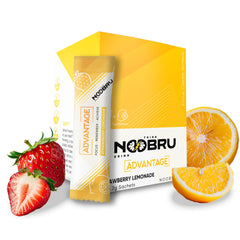 Noobru Advantage bottle with strawberry lemonade sachets on desk, signaling daily focus support