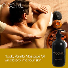 Nooky Vanilla Massage Oil close-up reveals silky texture and hydration