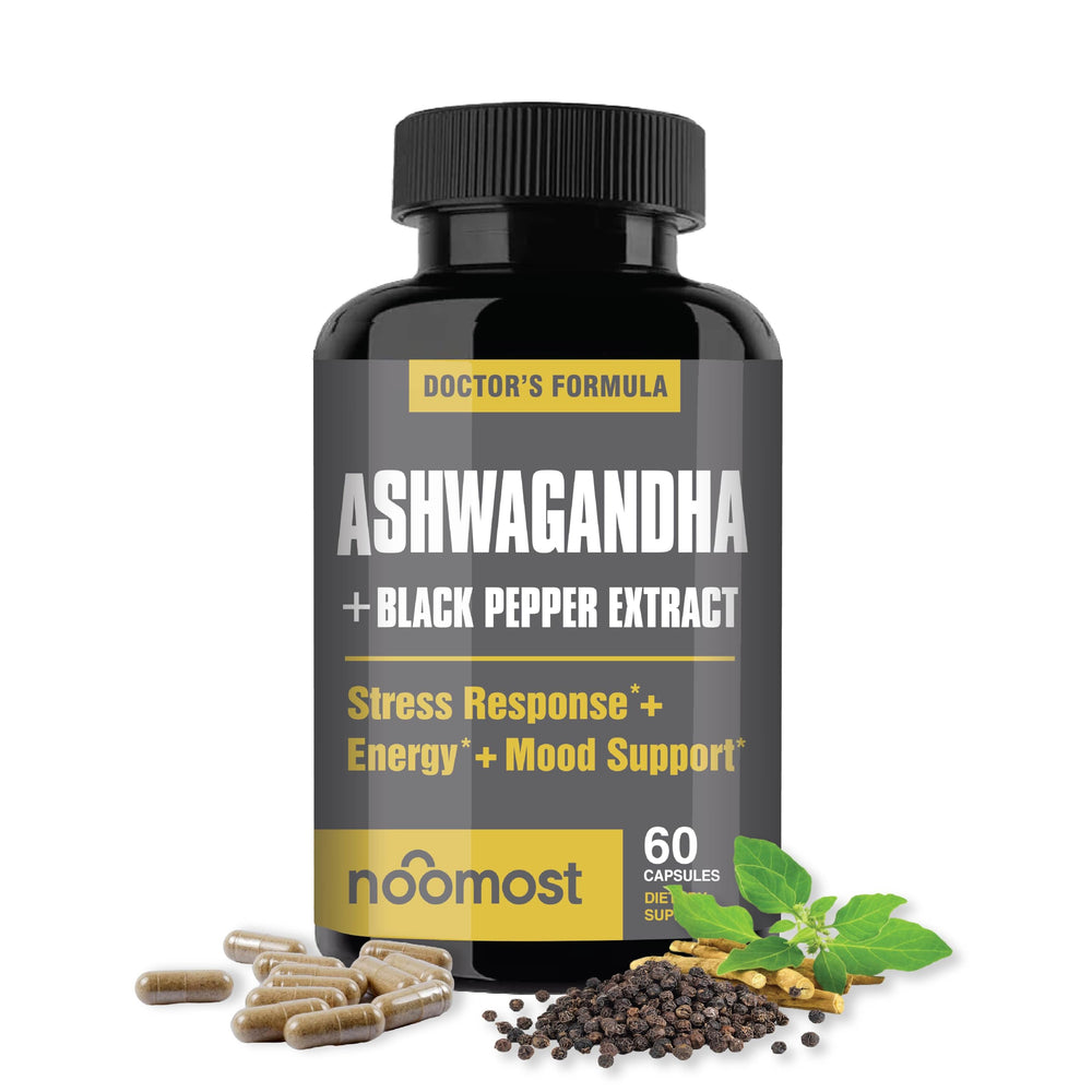 NooMost Ashwagandha bottle front view highlighting 400 mg formula for daily stress support
