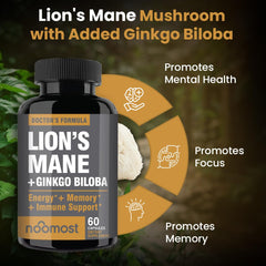 NooMost Lions Mane label detail highlighting organic, non-GMO ingredients.