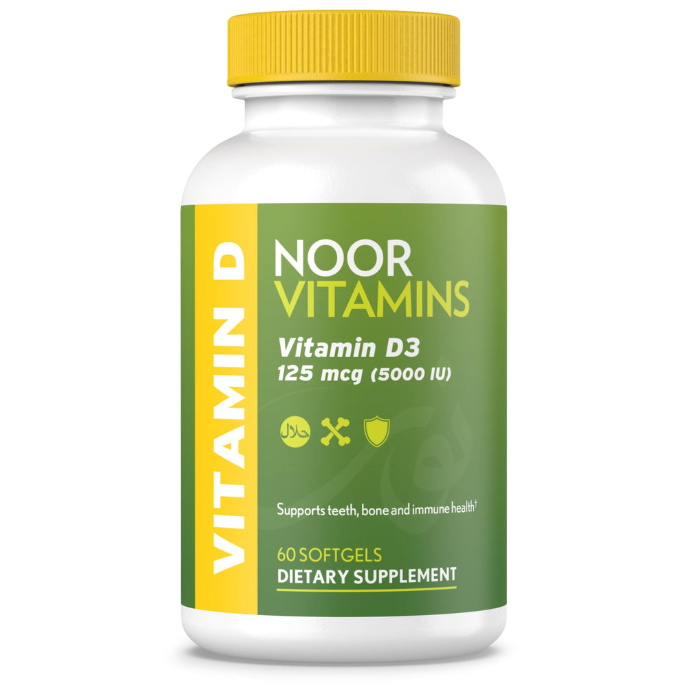 Noor Vitamins Halal Vitamin D bottle: easy-to-swallow softgels for daily bone support