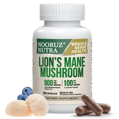 NOORUZ Lions Mane fruiting body image highlights cognitive support potential.