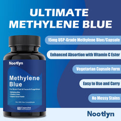 Close-up of Nootlyn Methylene Blue capsules on white background.