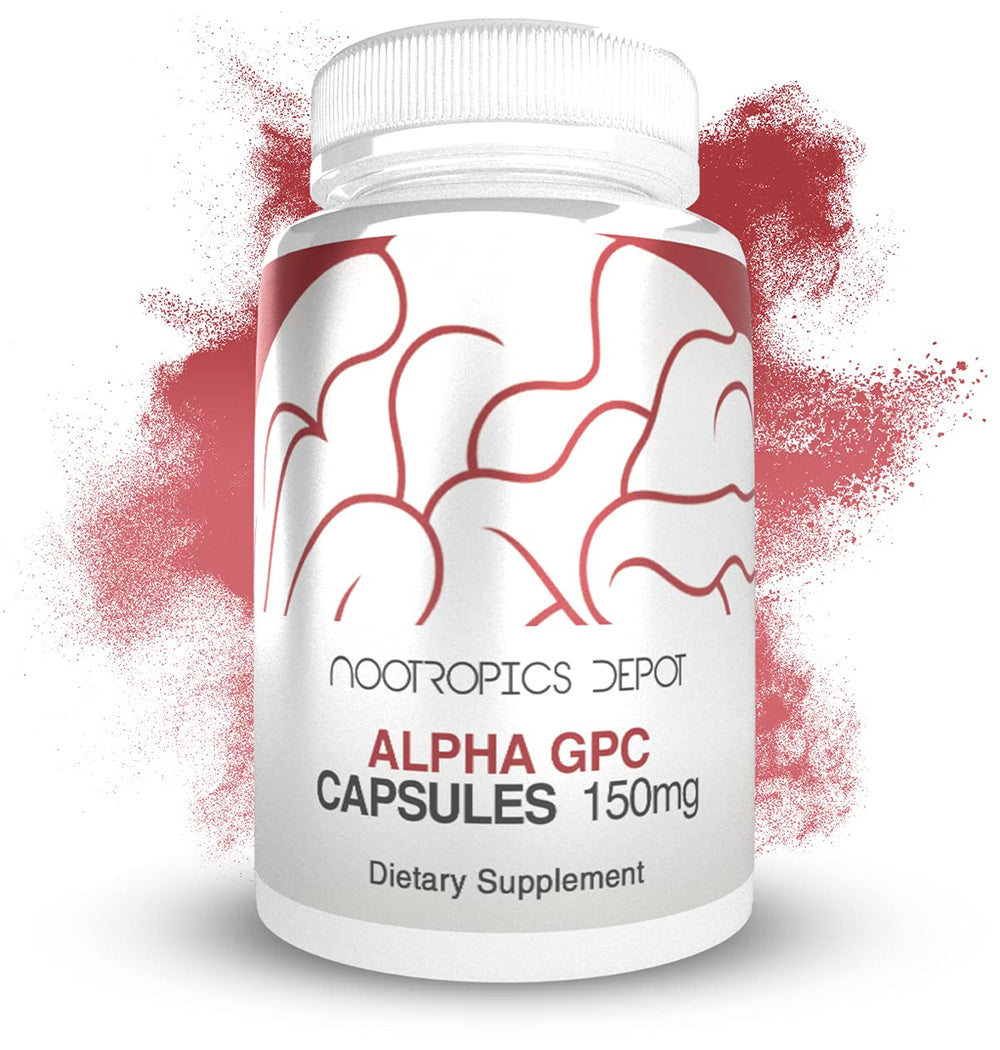 Nootropics Depot Alpha GPC capsules in bottle suggest focus and memory support.