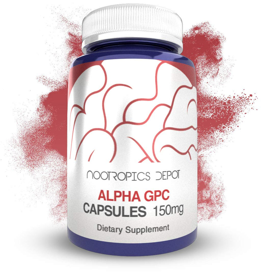 Nootropics Depot Alpha GPC capsules bottle close-up highlighting 150 mg dose for cognitive focus.