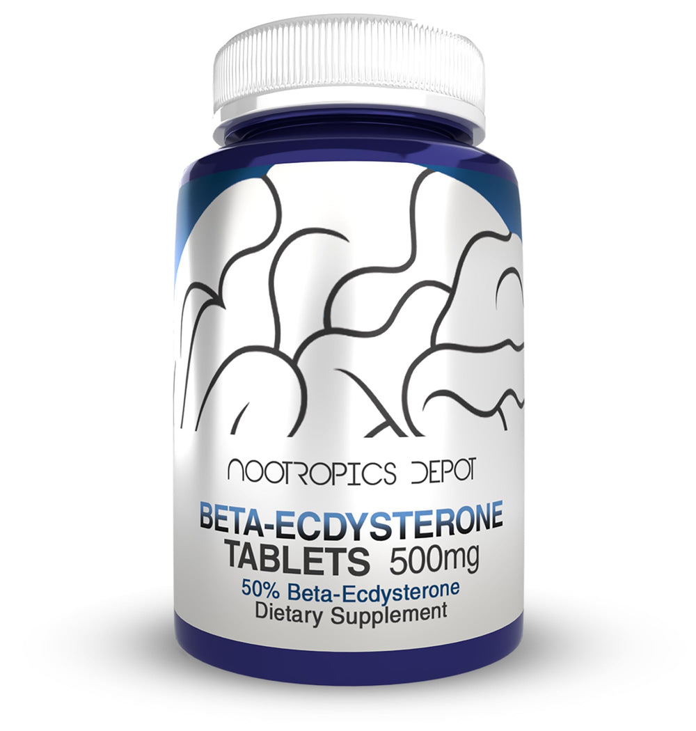 Nootropics Depot Beta-Ecdysterone 50% tablets on bottle highlighting strength support for active individuals