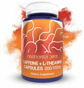 Nootropics Depot caffeine and L-Theanine capsules bottle front view for focused energy.