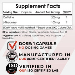 Nootropics Depot capsule bottle side angle showing standardized caffeine and L-Theanine dosing.