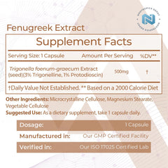 Nootropics Depot fenugreek extract capsules label closeup highlighting 3% trigonelline.