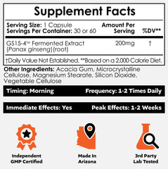 GS15-4 Panax Ginseng capsules closeup on label showing 200 mg dosage
