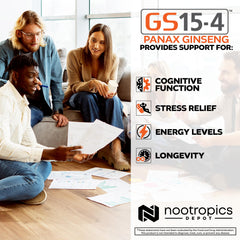 Front label of Nootropics Depot GS15-4 Panax Ginseng product for easy daily use