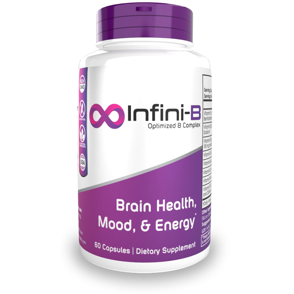 Nootropics Depot Infini-B bottle of capsules shown for daily energy support.