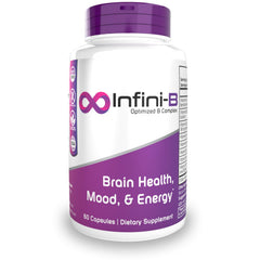 Nootropics Depot Infini-B bottle of capsules shown for daily energy support.