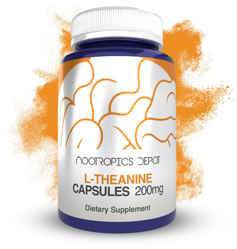 Nootropics Depot L-Theanine capsules close-up showing 200mg dose for relaxation