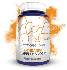 Nootropics Depot L-Theanine capsules close-up showing 200mg dose for relaxation