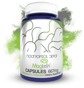 Nootropics Depot Magtein magnesium L-threonate bottle front highlighting memory and cognitive support.
