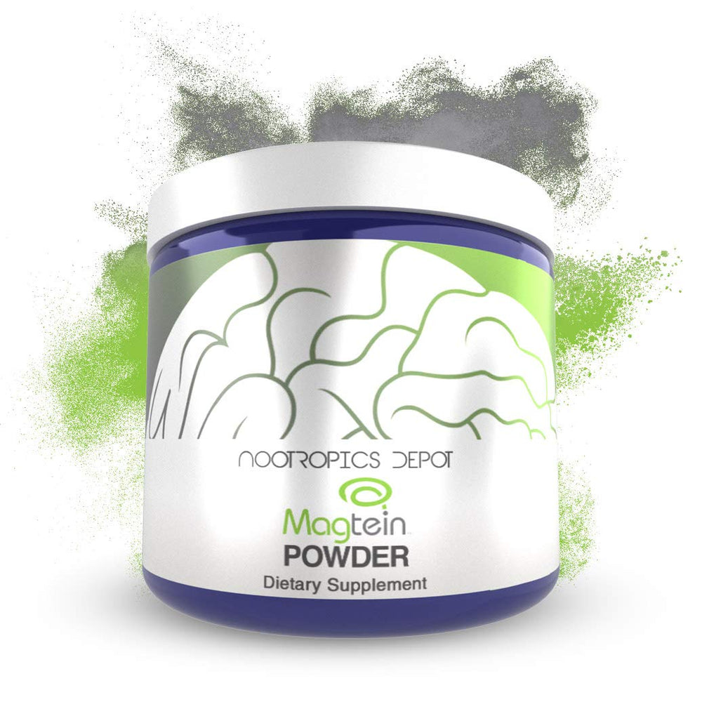 Nootropics Depot Magtein powder packaging shows a 120 g bottle for easy daily use.