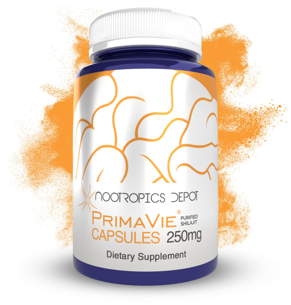 Nootropics Depot PrimaVie Shilajit capsules bottle on shelf highlighting purified Himalayas quality.