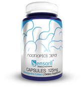 Nootropics Depot Sensoril Ashwagandha capsules bottle for balanced energy support.