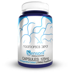 Nootropics Depot Sensoril Ashwagandha capsules bottle for balanced energy support.