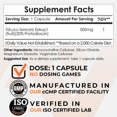 Label detail of Nootropics Depot Tribulus 500mg showing quality testing and purity