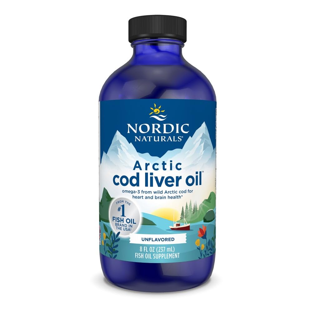 Nordic Naturals Arctic Cod Liver Oil bottle on shelf for daily use.