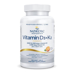 Nordic Naturals D3+K2 orange bottle front showing daily calcium balance support.