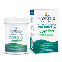 Nordic Naturals Nordic Flora Probiotic Comfort bottle promotes gut support.