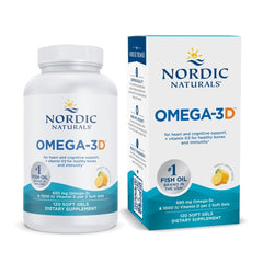 Nordic Naturals Omega-3D lemon bottle with bright label for daily heart and brain support.